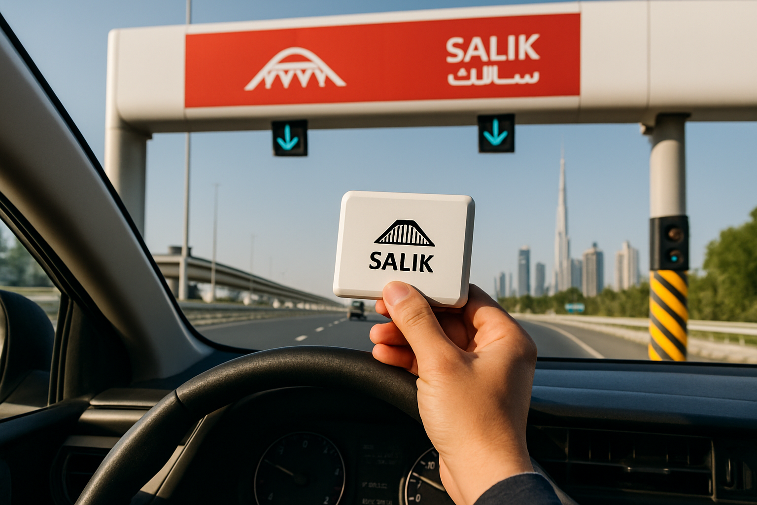 Driver using electronic toll payment system in Dubai