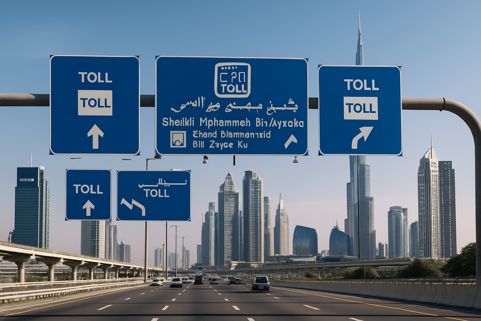 Dubai cityscape with toll road signs